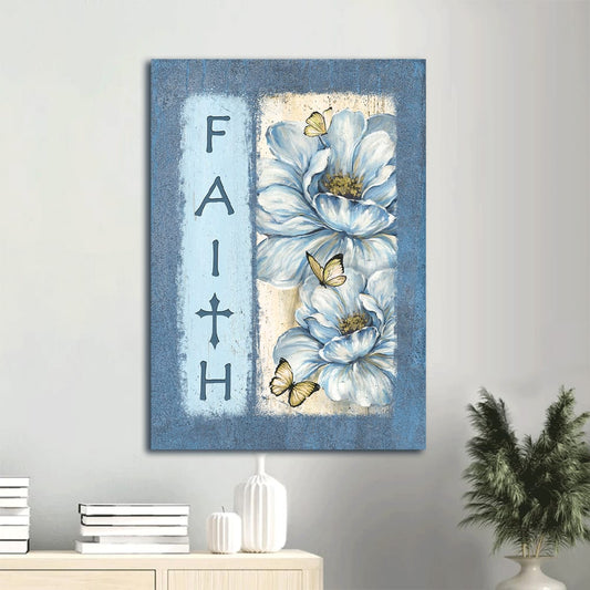 White Flower Pretty Butterfly Pastel Background Faith Canvas Wall Art - Christian Gift