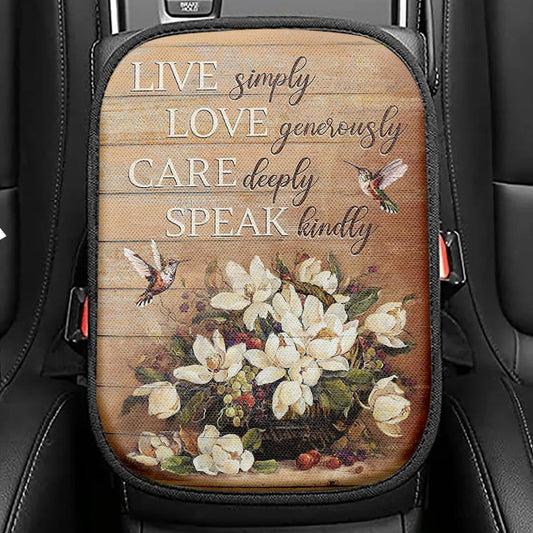 White Flower Vase Hummingbird - Live Simply Love Generously Care Deeply Speak Kindly Seat Box Cover, Bible Car Center Console Cover