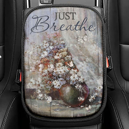 White Flower Vase, Unique Butterfly, Just Breathe Car Center Console Cover, Christian Armrest Seat Cover, Bible Seat Box Cover