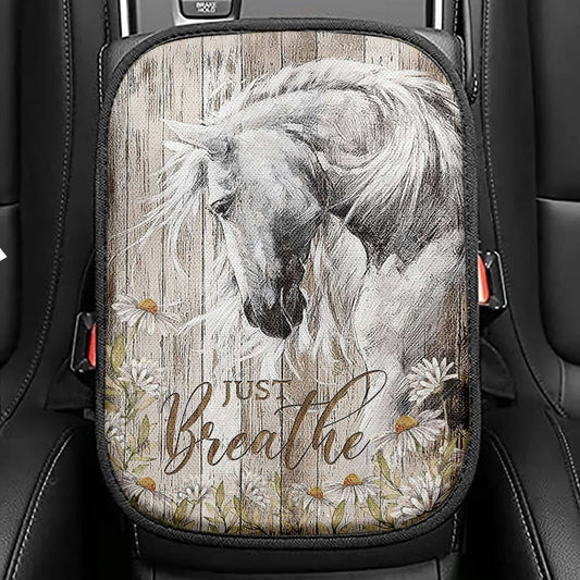 White Horse Daisy Flower Just Breathe Seat Box Cover, Christian Car Center Console Cover, Bible Verse Car Interior Accessories