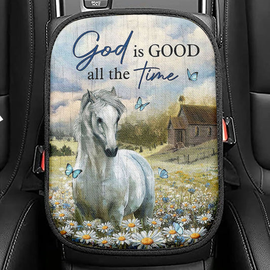White Horse God Is Good All The Time Seat Box Cover, Christian Car Center Console Cover, Bible Verse Car Interior Accessories