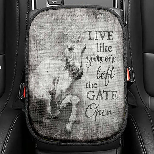 White Horse Live Like Someone Left The Gate Open Seat Box Cover, Christian Car Center Console Cover, Bible Verse Car Interior Accessories