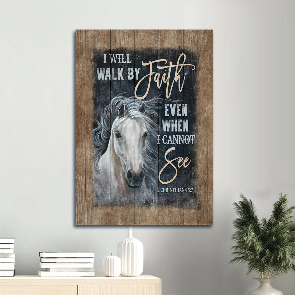 White Horse Vintage Art I Will Walk By Faith Canvas Wall Art - Christian Gift