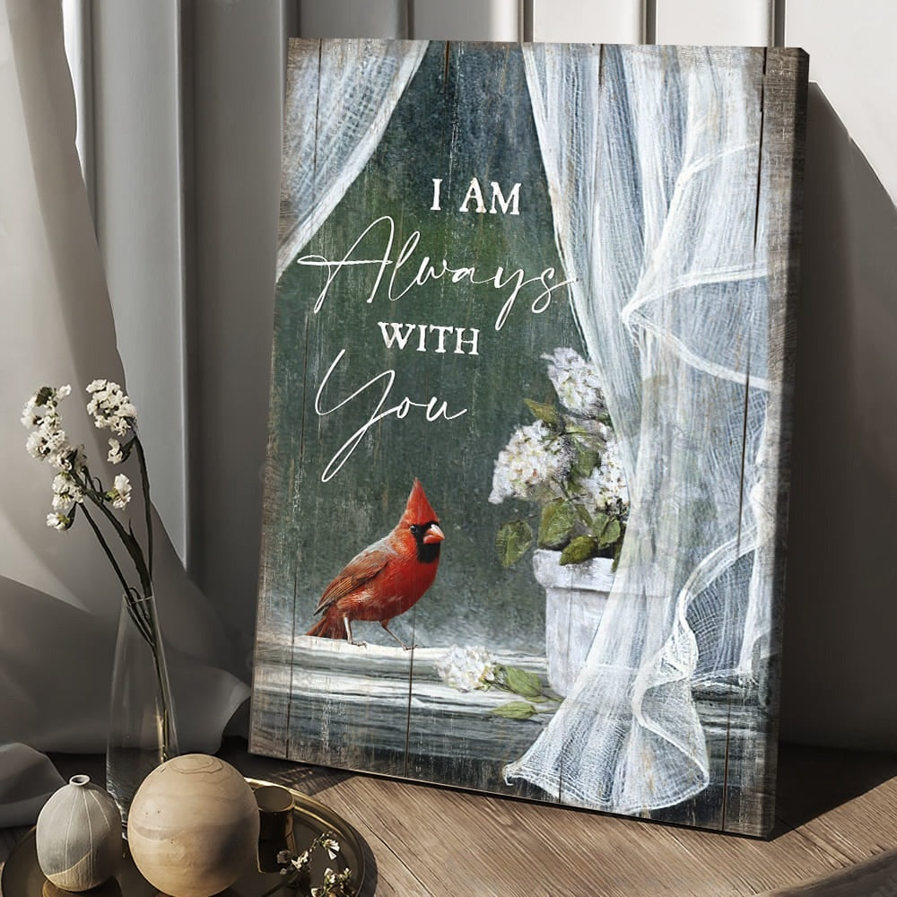 White Hydrangea Cardinal Jesus I Am Always With You Spring Canvas Wall Art - Christian Wall Posters - Religious Wall Decor