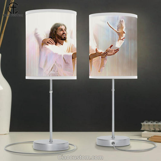 White Jesus And The Dove Table Lamp For Bedroom - Jesus Table Lamp - Christian Lamp Art - Jesus Room Decor