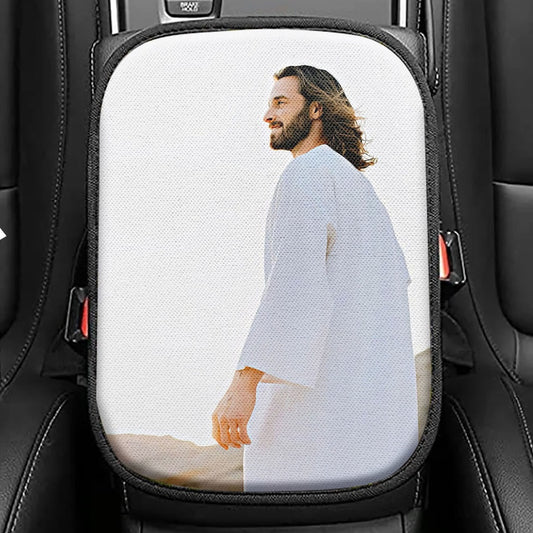 White Jesus Seat Box Cover 3, Jesus Car Center Console Cover, Christian Car Interior Accessories