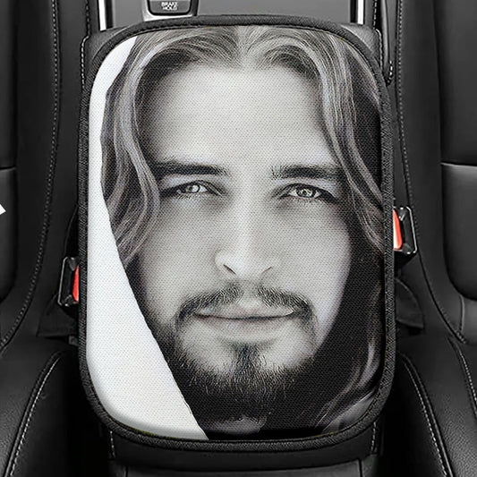 White Jesus Seat Box Cover 4, Jesus Car Center Console Cover, Christian Car Interior Accessories