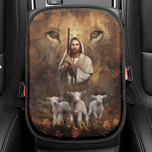 White Lamb Lion's Eyes Walking With Jesus Seat Box Cover, Christian Car Center Console Cover, Bible Verse Car Interior Accessories
