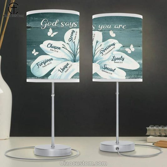 White Lily Flowers God Says You Are Table Lamp Art - Bible Verse Lamp Art - Room Decor Christian