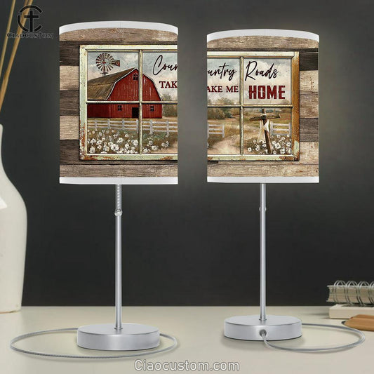 White Poppy Red House Country Roads Take Me Home Table Lamp Art - Bible Verse Lamp Art - Room Decor Christian