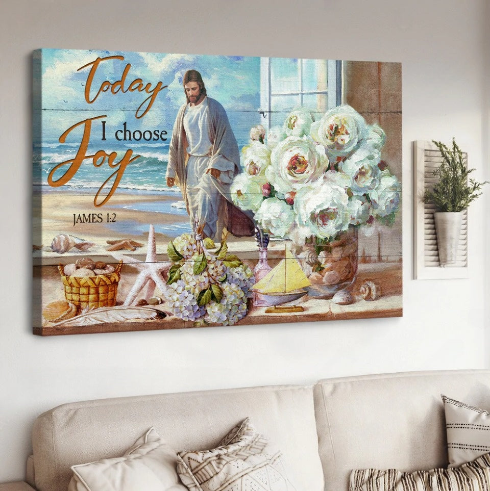 White Rose Vase Walking With Jesus Today I Choose Joy Canvas Wall Art - Jesus Canvas Pictures - Christian Wall Posters