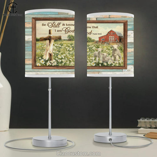 White Sheep Daisy Field Be Still And Know That I Am God Table Lamp Art - Bible Verse Lamp Art - Room Decor Christian