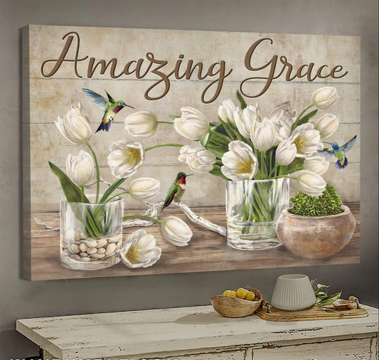 White Tulip Hummingbird Jesus Amazing Grace Canvas Wall Art - Jesus Canvas Pictures - Christian Wall Posters