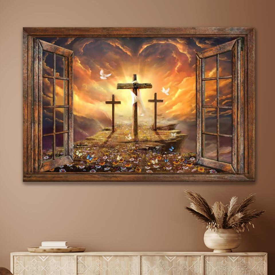 Window Frame Sunset Painting Path To Heaven Cross Jesus Canvas Wall Art - Jesus Canvas Pictures - Christian Wall Posters