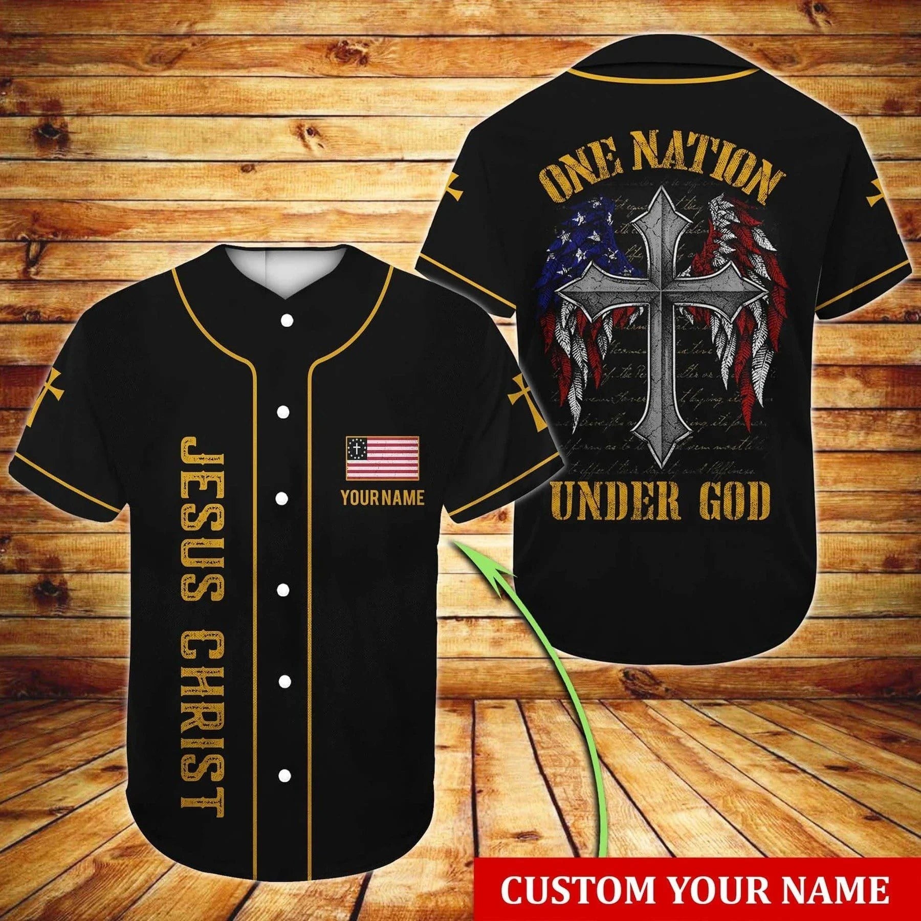 Wings, American Flag, Cross Baseball Jersey - One Nation Under God Custom Baseball Jersey