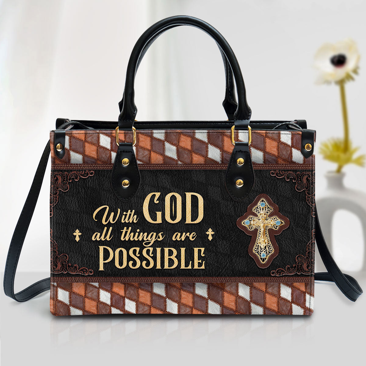 With God All Things Are Possible Cross Leather Handbag - Religious Gifts For Women - Women Pu Leather Bag