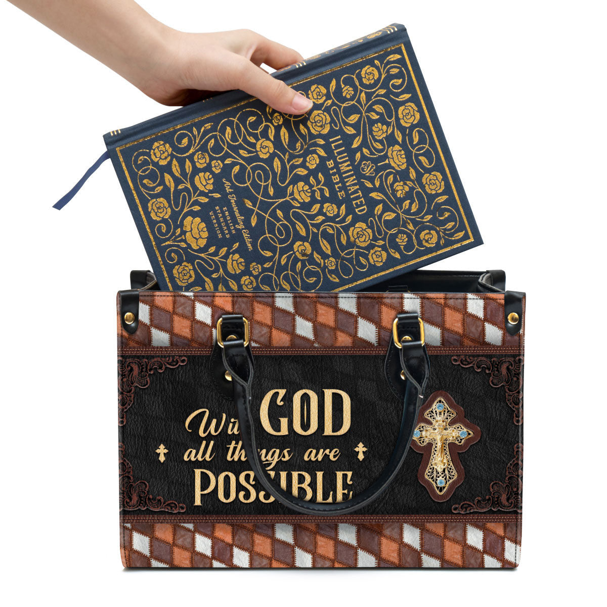With God All Things Are Possible Cross Leather Handbag - Religious Gifts For Women - Women Pu Leather Bag