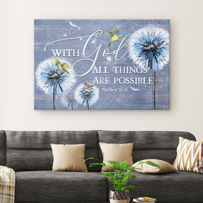 With God All Things Are Possible Dandelion Sparrow Canvas Wall Art - Christian Canvas - Faith Canvas