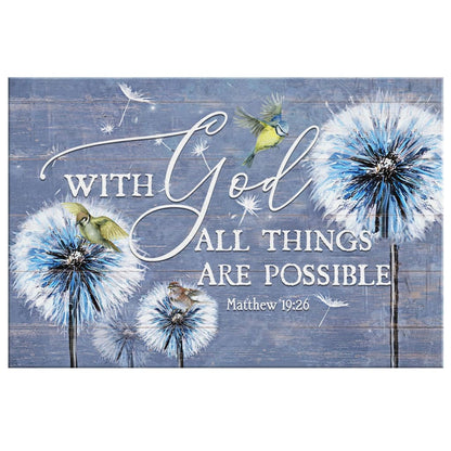With God All Things Are Possible Dandelion Sparrow Canvas Wall Art - Christian Canvas - Faith Canvas