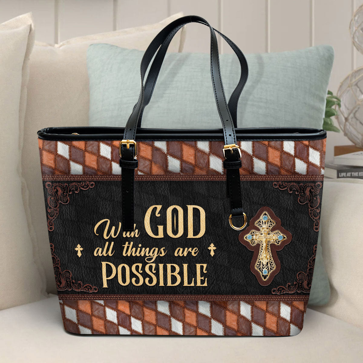 With God All Things Are Possible Large Pu Leather Tote Bag For Women - Mom Gifts For Mothers Day