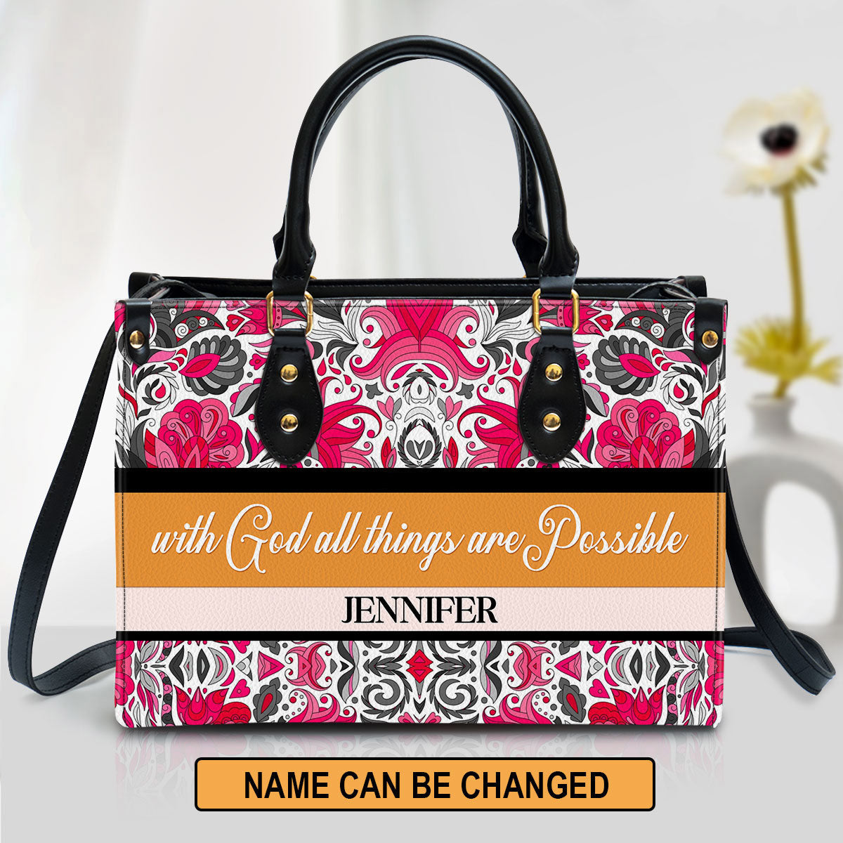 With God All Things Are Possible Leather Bag - Personalized Leather Bag With Handle for Christian Women