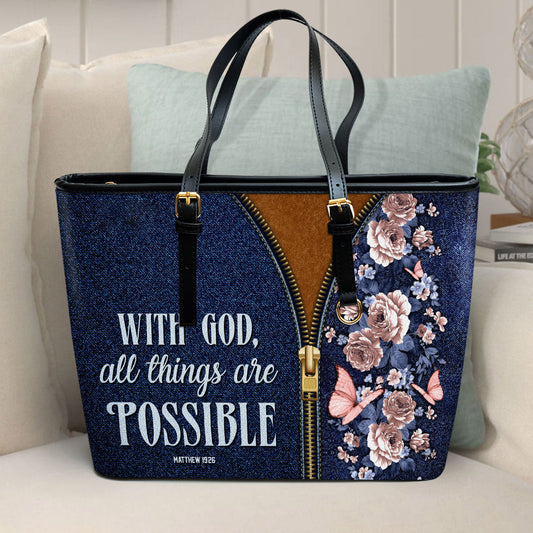 With God All Things Are Possible Matthew 1926 Large Leather Tote Bag Spiritual Gifts For Christian Women