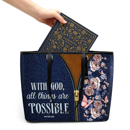 With God All Things Are Possible Matthew 1926 Large Leather Tote Bag Spiritual Gifts For Christian Women