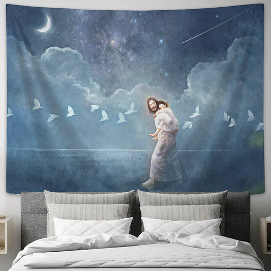 Jesus Christ Carrying A Young Girl Tapestry - With All Thy Heart - Jesus Wall Tapestry - Christian Wall Tapestry - Religious Tapestry - Ciaocustom