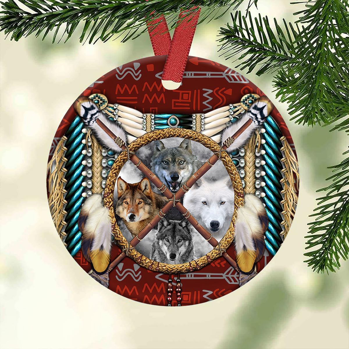 Wolf Native American 4 Ceramic Circle Ornament - Decorative Ornament - Christmas Ornament
