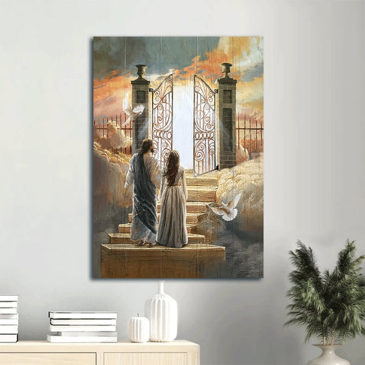 Woman Jesus Painting Flying Dove Heaven Door Canvas Wall Art - Christian Gift