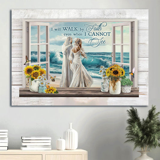 Woman Jesus Painting Ocean Wave I Will Walk By Faith Canvas Wall Art - Christian Gift
