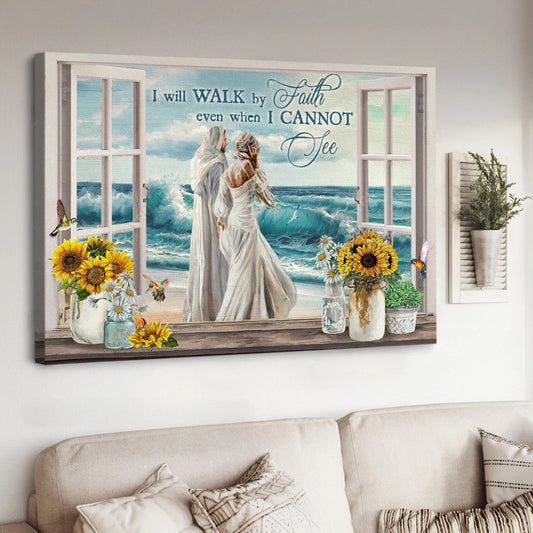 Woman & Jesus Painting Ocean Wave I Will Walk By Faith Canvas Wall Art - Jesus Canvas Pictures - Christian Wall Posters
