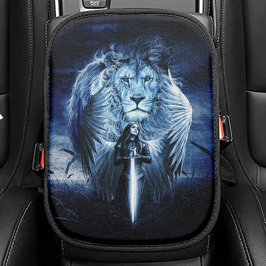 Woman Warrior Lion Of Judah Blue Night Seat Box Cover, Inspirational Car Center Console Cover, Christian Car Interior Accessories