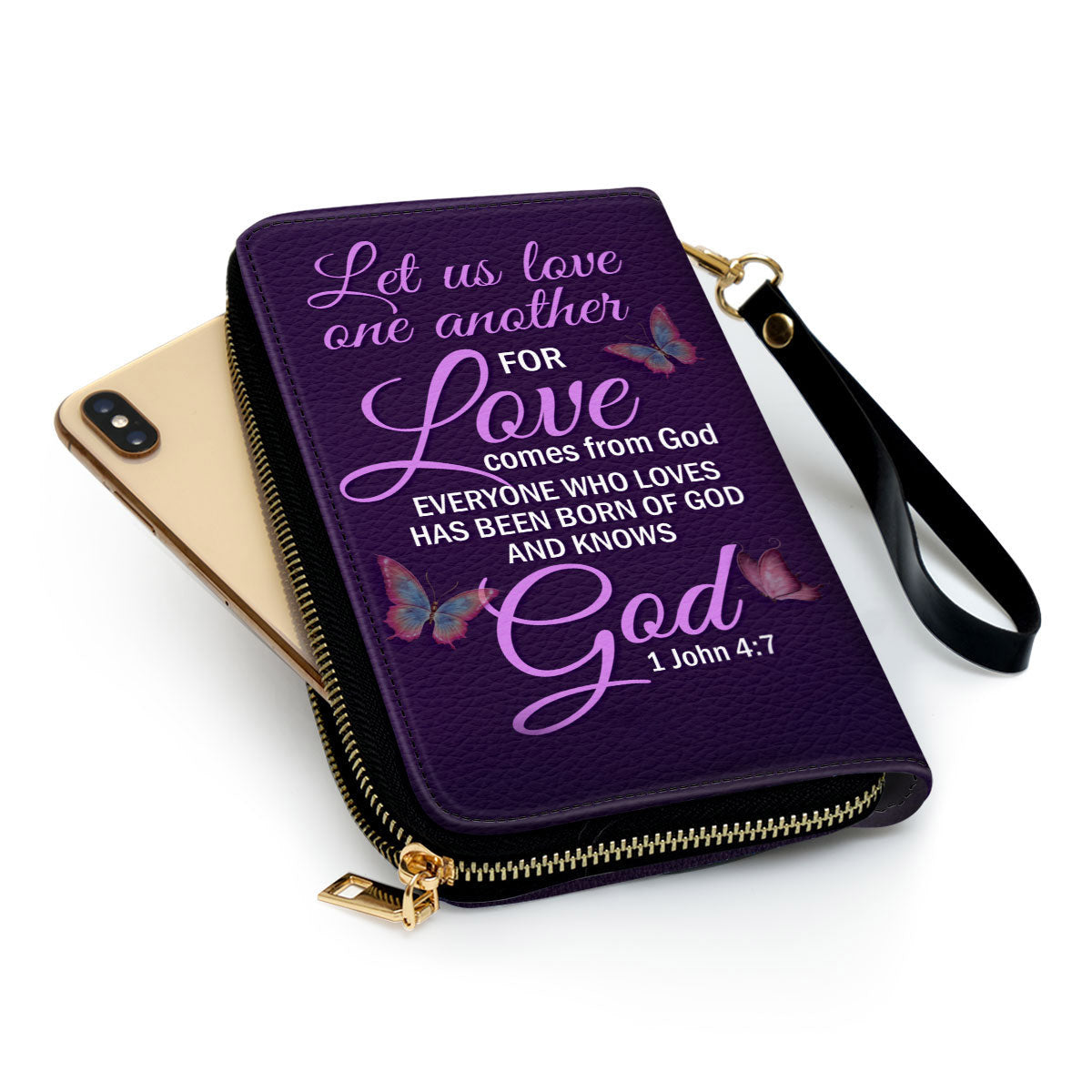 Women Clutch Purse - 1 John 47 Personalized Purple Leather Clutch Purse Bible Gifts For Religious Women Let Us Love One Another