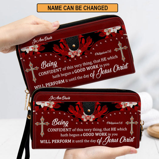 Women Clutch Purse - Being Confident Of This Very Thing Philippians 16 Flower And Cross Personalized Clutch Purse