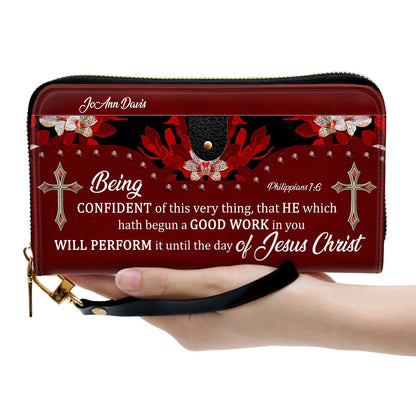 Women Clutch Purse - Being Confident Of This Very Thing Philippians 16 Flower And Cross Personalized Clutch Purse