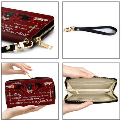 Women Clutch Purse - Being Confident Of This Very Thing Philippians 16 Flower And Cross Personalized Clutch Purse