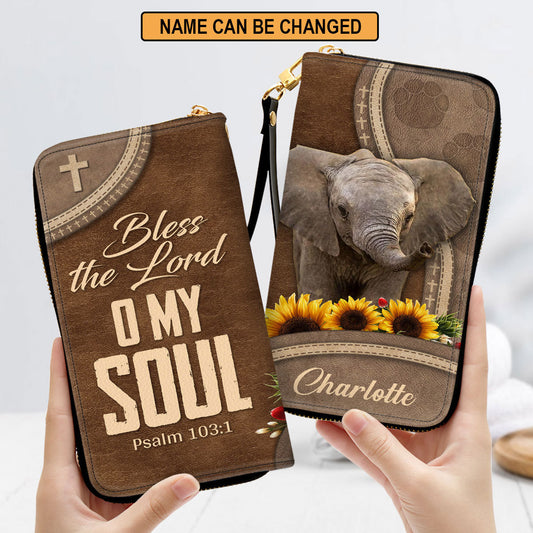 Women Clutch Purse - Bless The Lord O My Soul Psalm 1031 Personalized Elephant Zippered Leather Clutch Purse Scripture Gifts For Christian Women