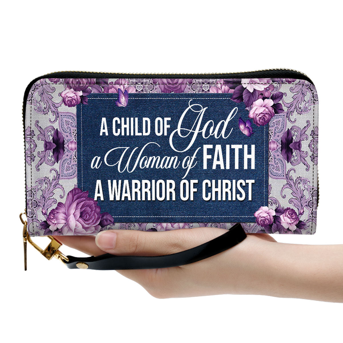 Women Clutch Purse - Butterfly And Roses Beautiful Personalized Leather Clutch Purse For Women A Warrior Of Christ
