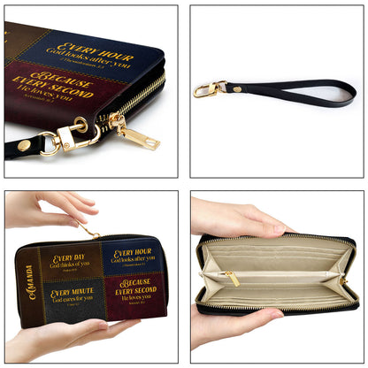 Women Clutch Purse - Christian Gift For Religious Woman Personalized Zippered Leather Clutch Purse With Wristlet Strap Handle