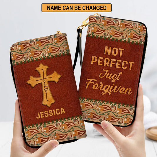 Women Clutch Purse - Christian Gifts For Women Not Perfect Just Forgiven Personalized Faith Cross Zippered Leather Clutch Purse
