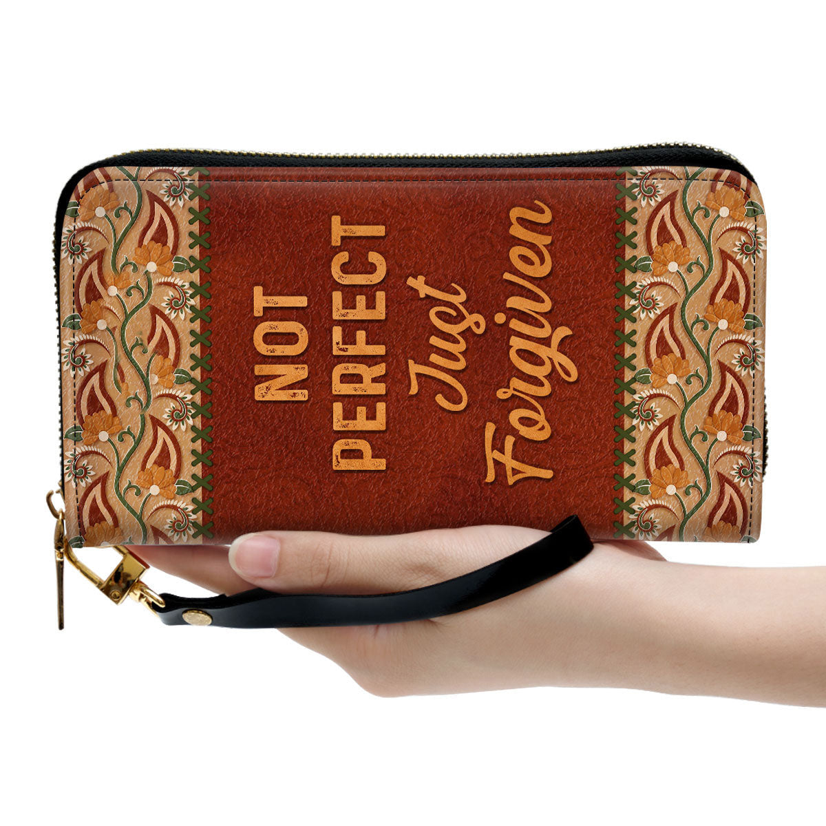 Women Clutch Purse - Christian Gifts For Women Not Perfect Just Forgiven Personalized Faith Cross Zippered Leather Clutch Purse