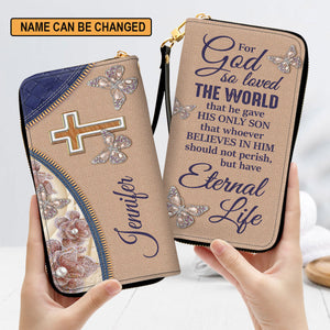 Women Clutch Purse - Christian Spiritual Gifts For Women Personalized Zippered Leather Clutch Purse For God So Loved The World
