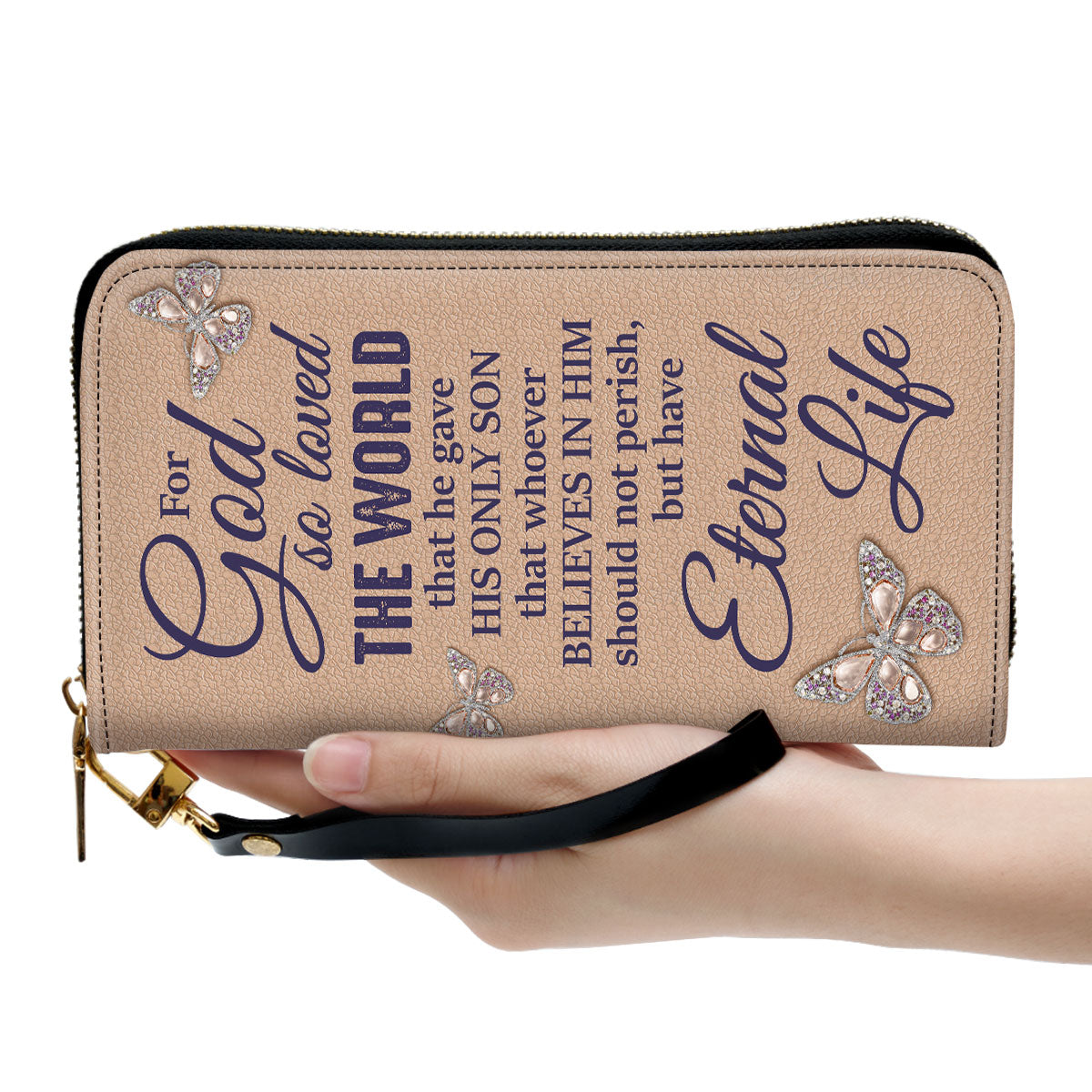 Women Clutch Purse - Christian Spiritual Gifts For Women Personalized Zippered Leather Clutch Purse For God So Loved The World