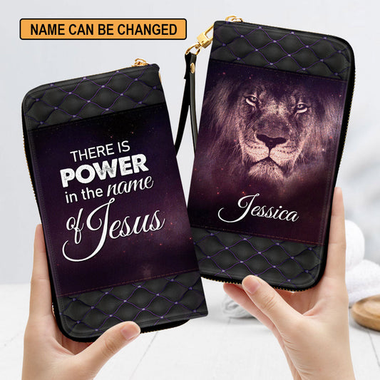 Women Clutch Purse - Faith Gifts For Women Of God There Is Power In The Name Of Jesus Personalized Lion Zippered Leather Clutch Purse
