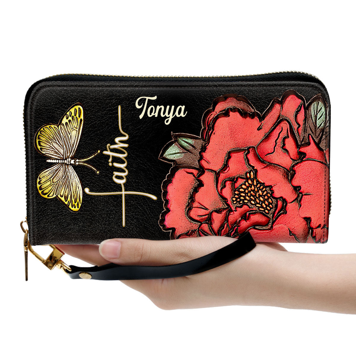 Women Clutch Purse - Flower And Butterfly Awesome Personalized Christian Black Clutch Purse