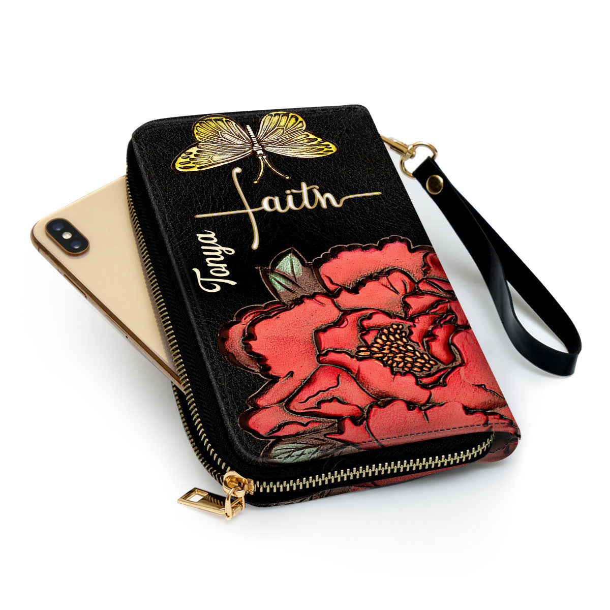 Women Clutch Purse - Flower And Butterfly Awesome Personalized Christian Black Clutch Purse