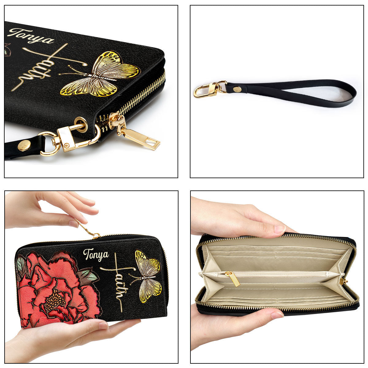 Women Clutch Purse - Flower And Butterfly Awesome Personalized Christian Black Clutch Purse