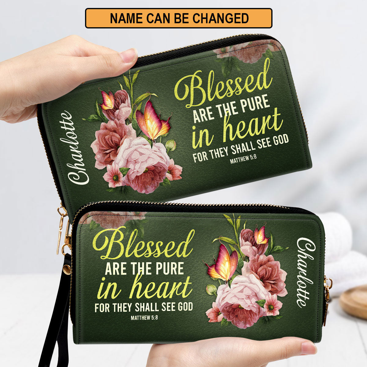 Women Clutch Purse - Gifts For Christian Women Blessed Are The Pure In Heart Matthew 58 Personalized Leather Clutch Purse With Wristlet Strap Handle