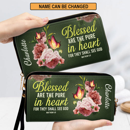 Women Clutch Purse - Gifts For Christian Women Blessed Are The Pure In Heart Matthew 58 Personalized Leather Clutch Purse With Wristlet Strap Handle